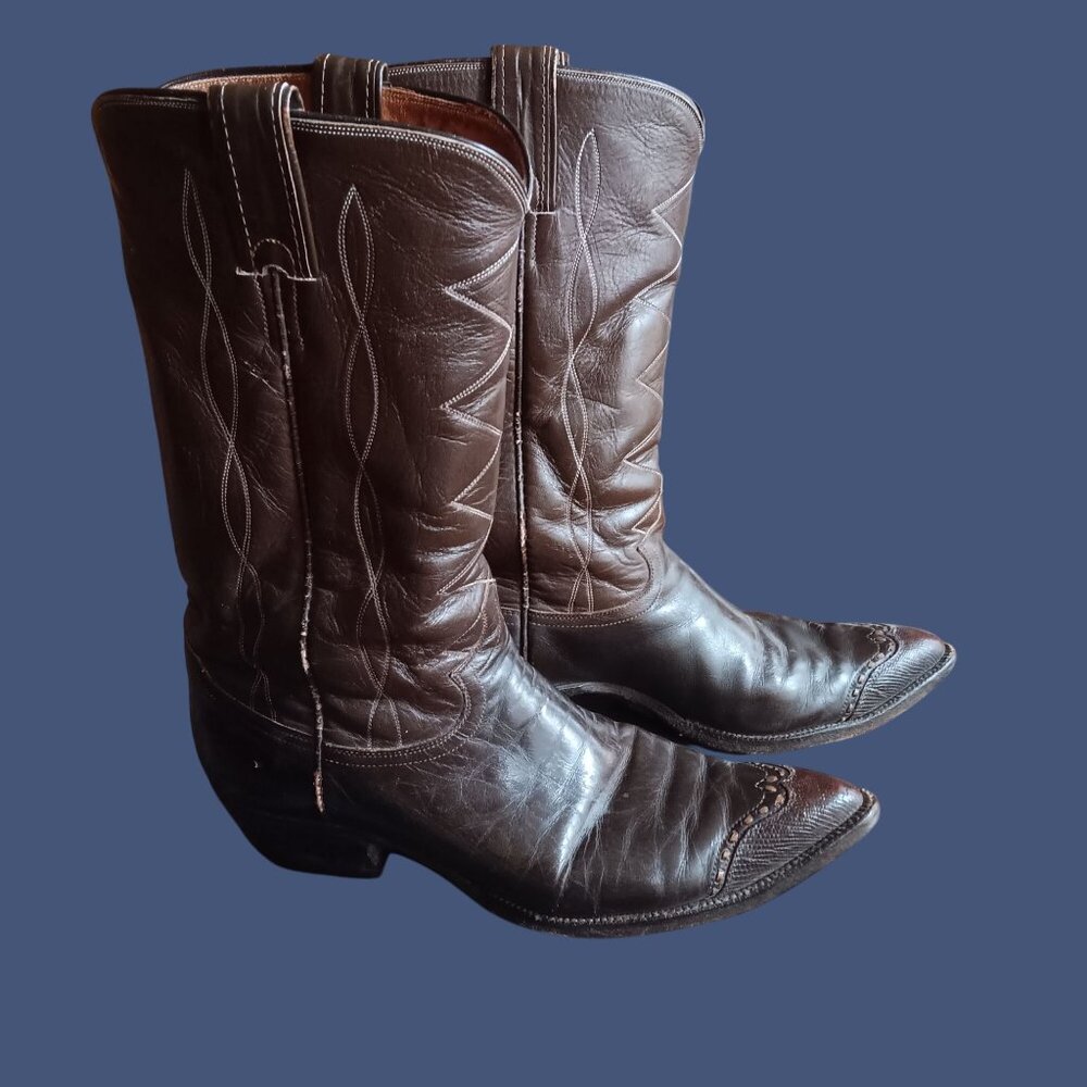 Vintage Men's Cowboy Boots 10B Justin 1970's Lizard Toe USA Peg Sole Stacked